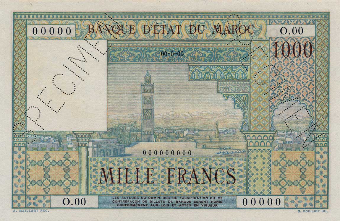 Front of Morocco p47s: 1000 Francs from 1951