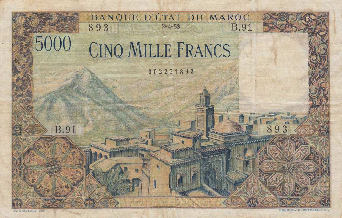 Front of Morocco p49a: 5000 Francs from 1953