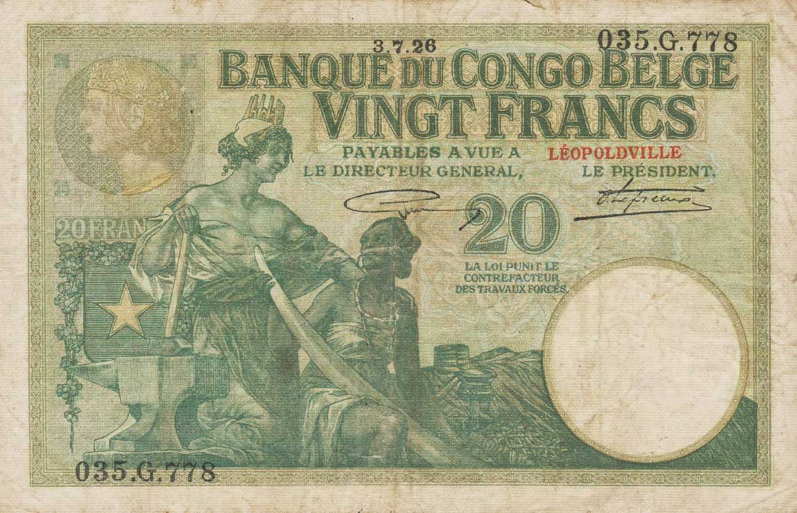 Front of Belgian Congo p10c: 20 Francs from 1925