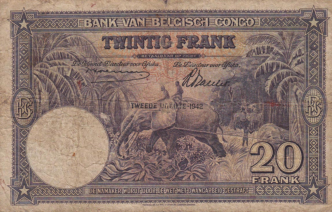 Back of Belgian Congo p15A: 20 Francs from 1942