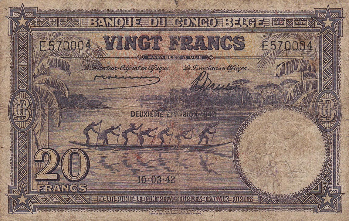 Front of Belgian Congo p15A: 20 Francs from 1942