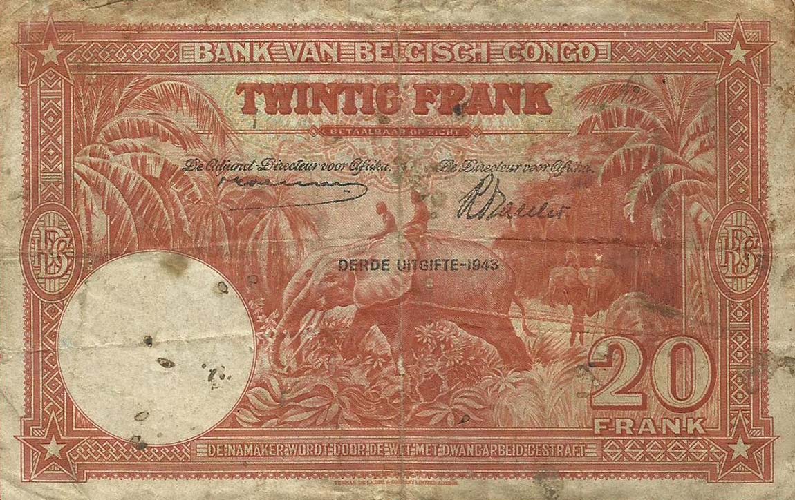 Back of Belgian Congo p15B: 20 Francs from 1942