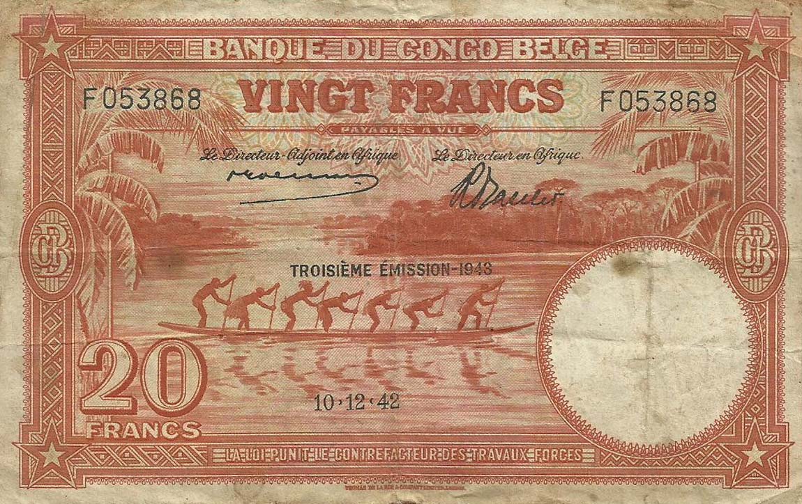 Front of Belgian Congo p15B: 20 Francs from 1942