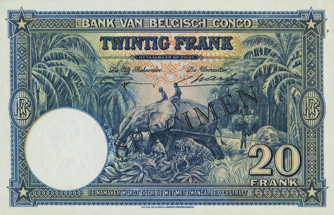 Back of Belgian Congo p15Es: 20 Francs from 1946