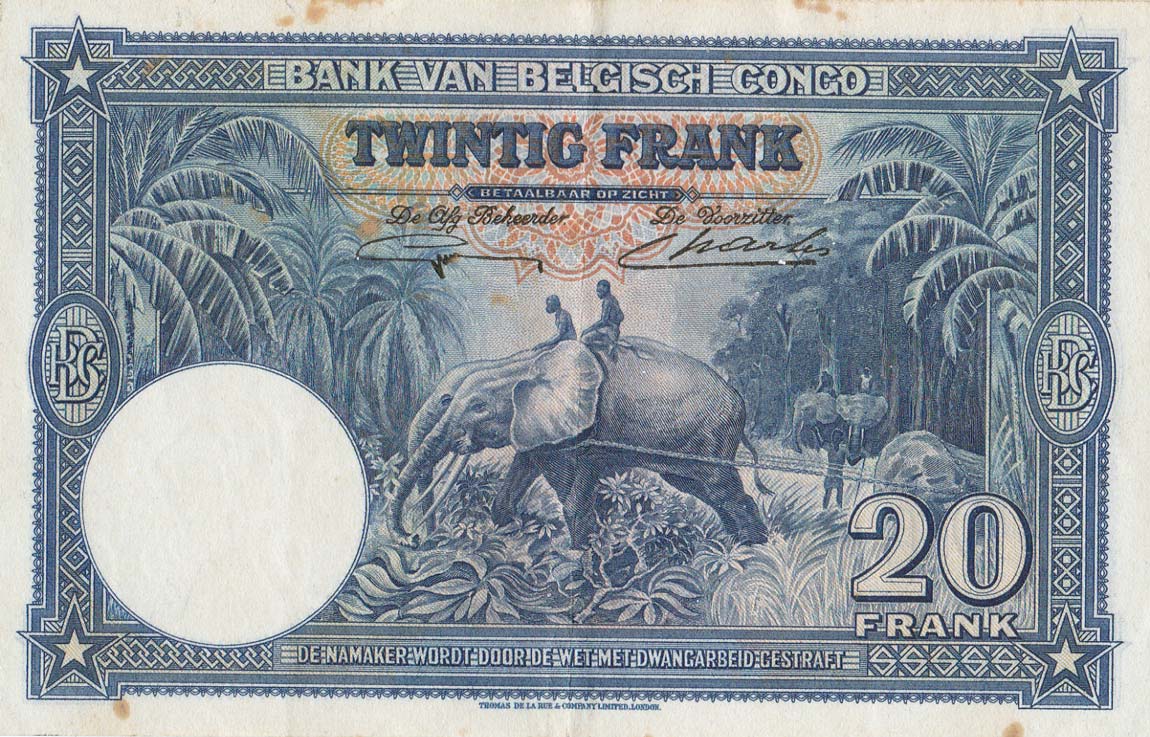 Back of Belgian Congo p15: 20 Francs from 1940