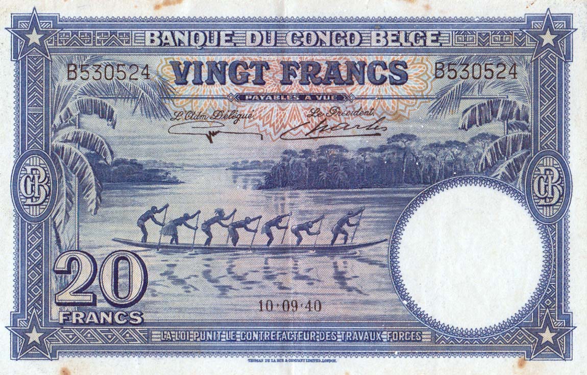 Front of Belgian Congo p15: 20 Francs from 1940