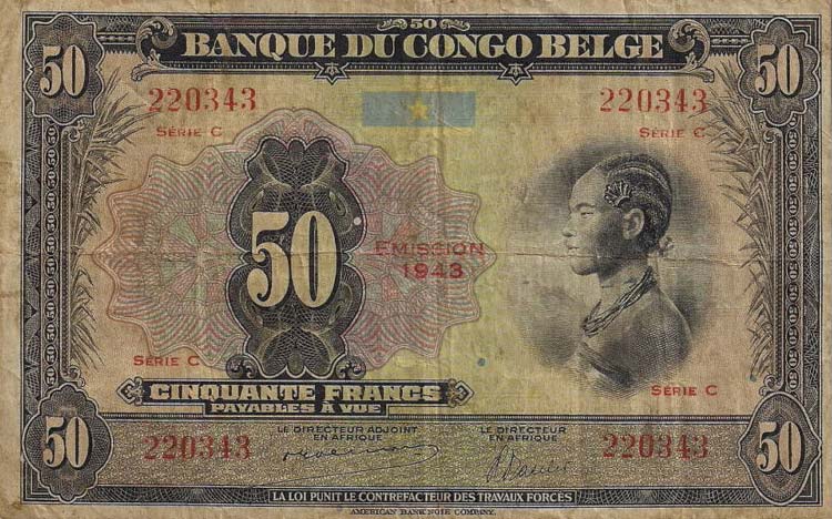Front of Belgian Congo p16b: 50 Francs from 1943