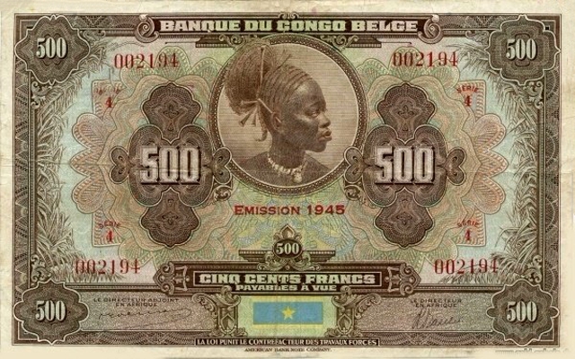 Front of Belgian Congo p18Ac: 500 Francs from 1945