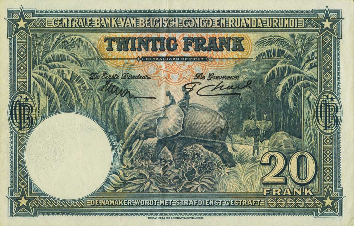 Back of Belgian Congo p23: 20 Francs from 1952