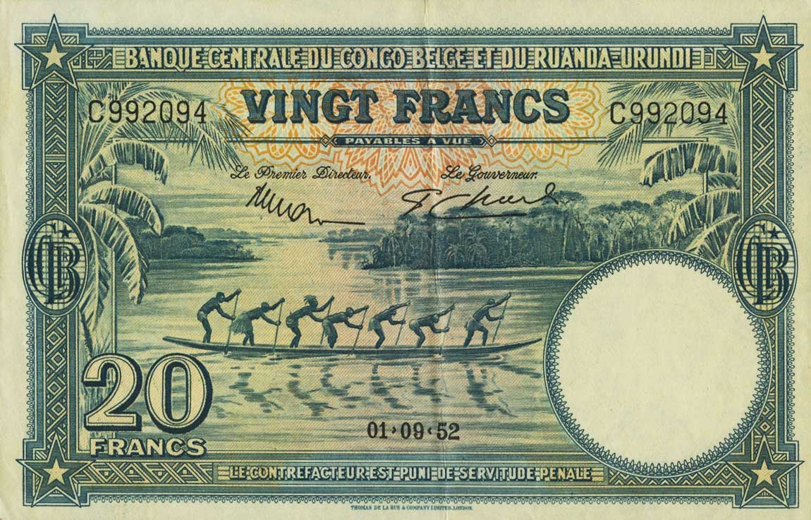 Front of Belgian Congo p23: 20 Francs from 1952