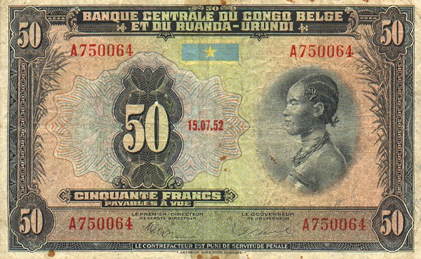 Front of Belgian Congo p24a: 50 Francs from 1952