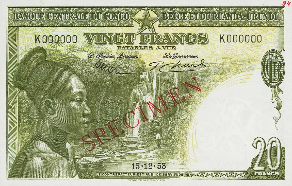 Front of Belgian Congo p26s: 20 Francs from 1953