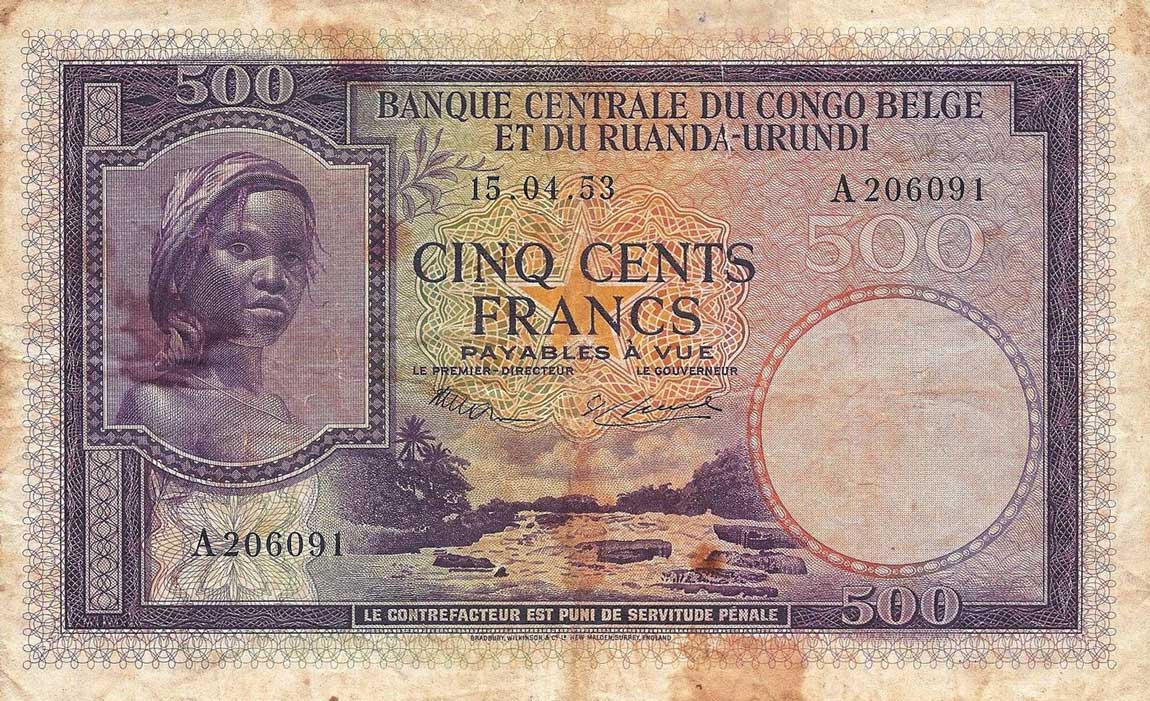 Front of Belgian Congo p28a: 500 Francs from 1953