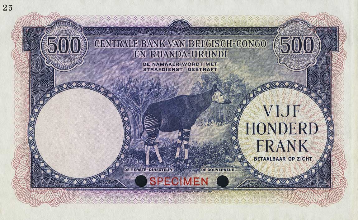 Back of Belgian Congo p28ct: 500 Francs from 1953