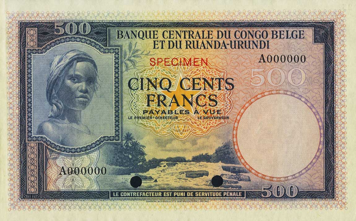 Front of Belgian Congo p28ct: 500 Francs from 1953