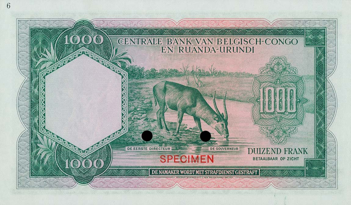 Back of Belgian Congo p29ct: 1000 Francs from 1953