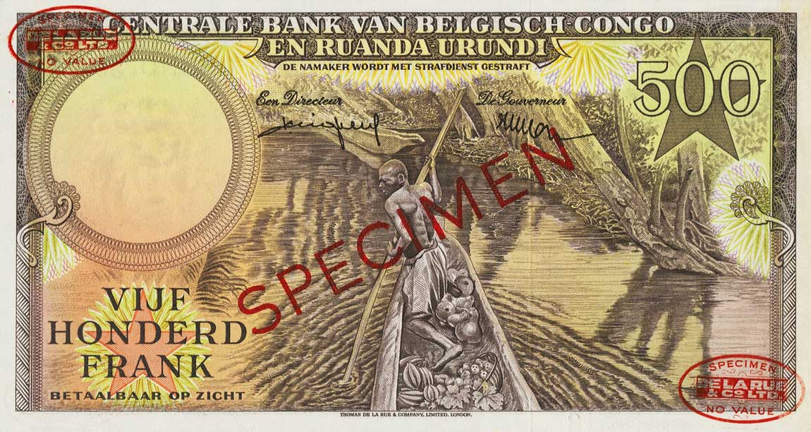 Back of Belgian Congo p34s: 500 Francs from 1957