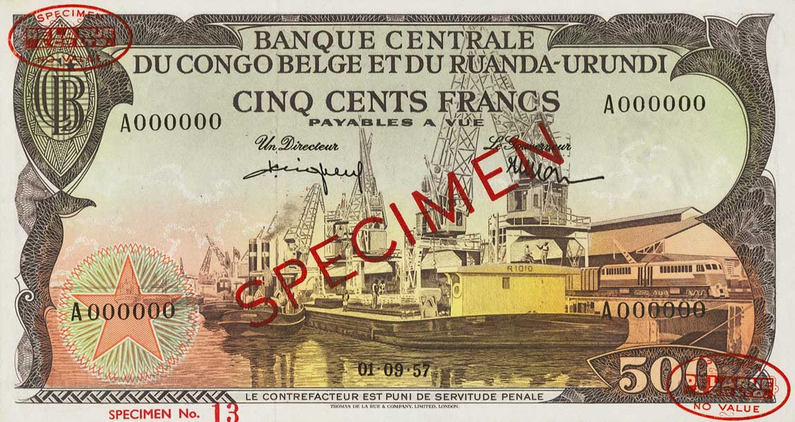 Front of Belgian Congo p34s: 500 Francs from 1957