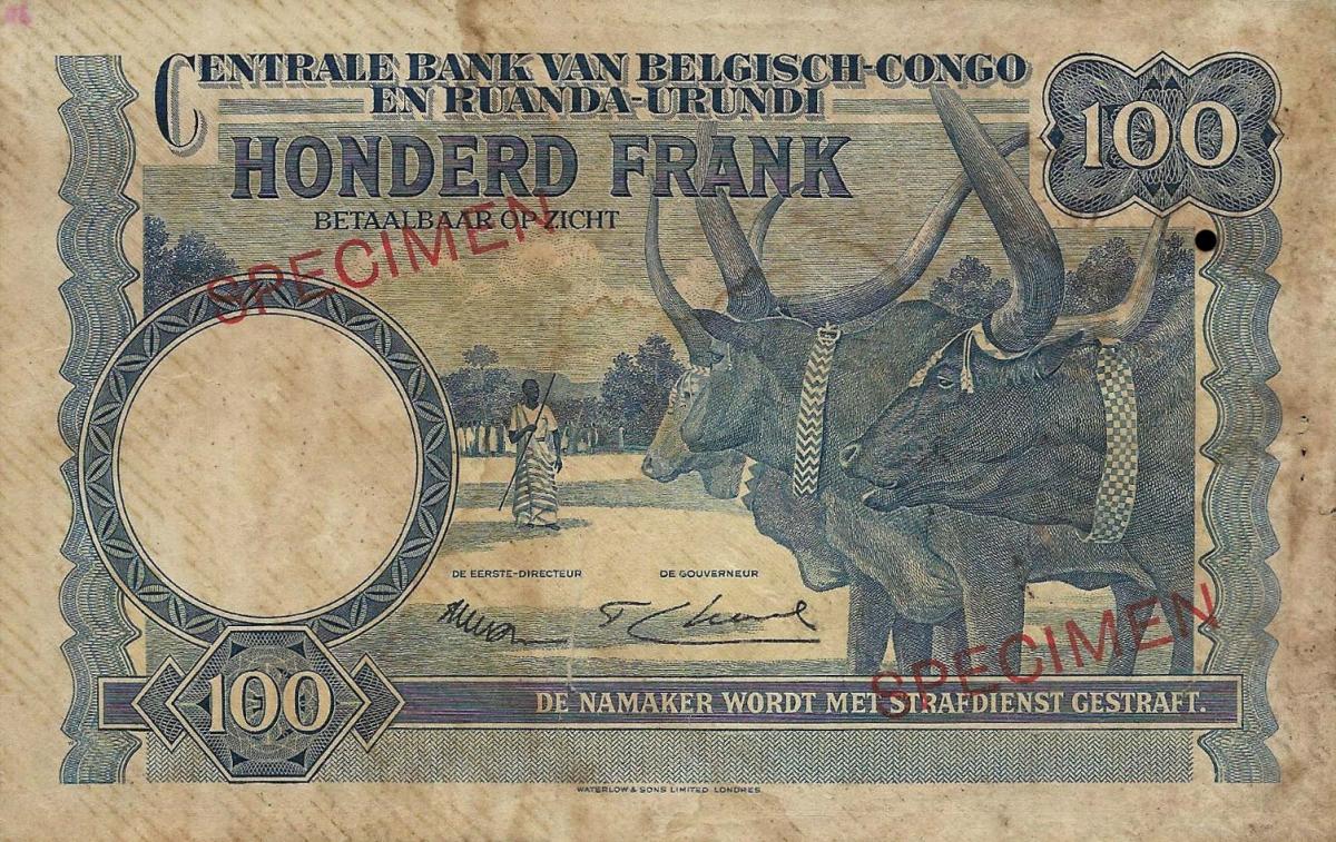 Back of Belgian Congo p25s: 100 Francs from 1952