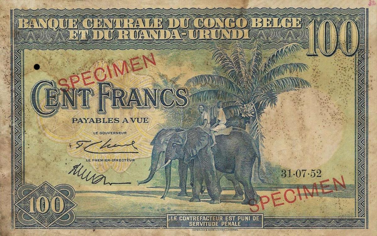 Front of Belgian Congo p25s: 100 Francs from 1952