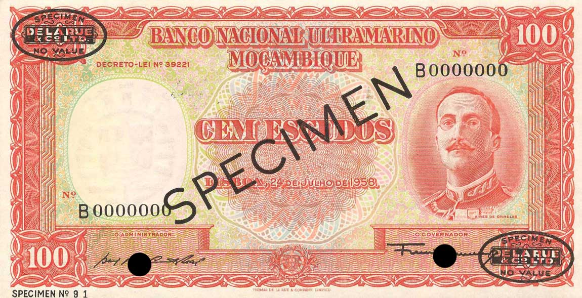 Front of Mozambique p107s: 100 Escudos from 1958
