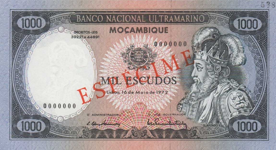 Front of Mozambique p112s: 1000 Escudos from 1972