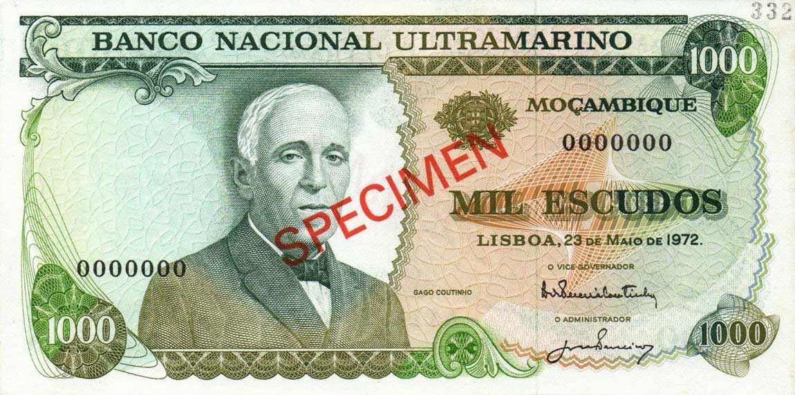 Front of Mozambique p115s: 1000 Escudos from 1972