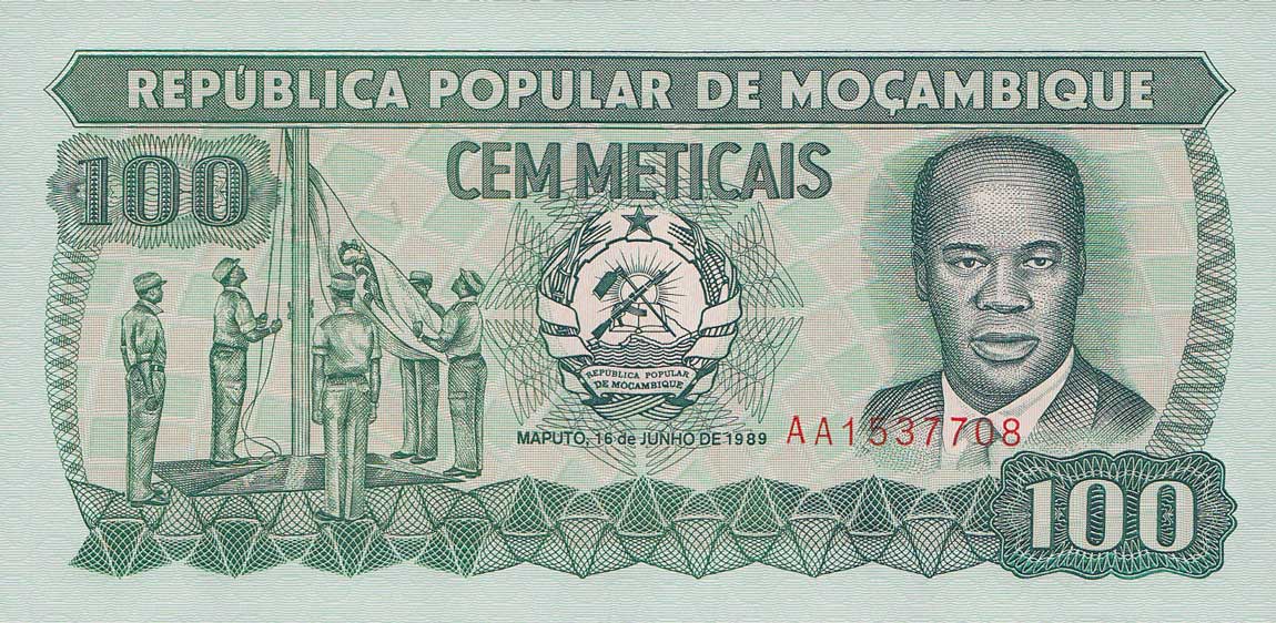 Front of Mozambique p130c: 100 Meticas from 1989