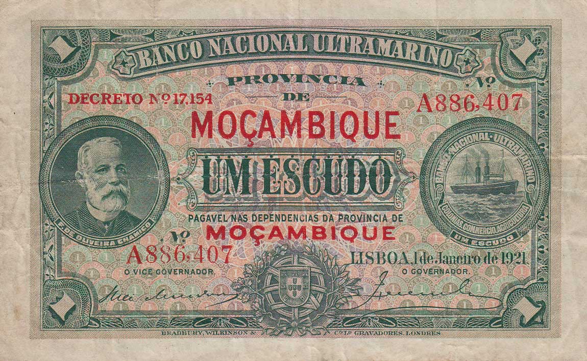 Front of Mozambique p66a: 1 Escudo from 1921