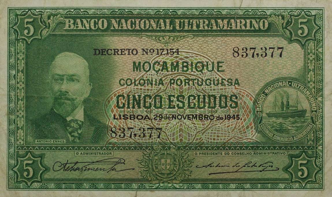 Front of Mozambique p94a: 5 Escudos from 1945