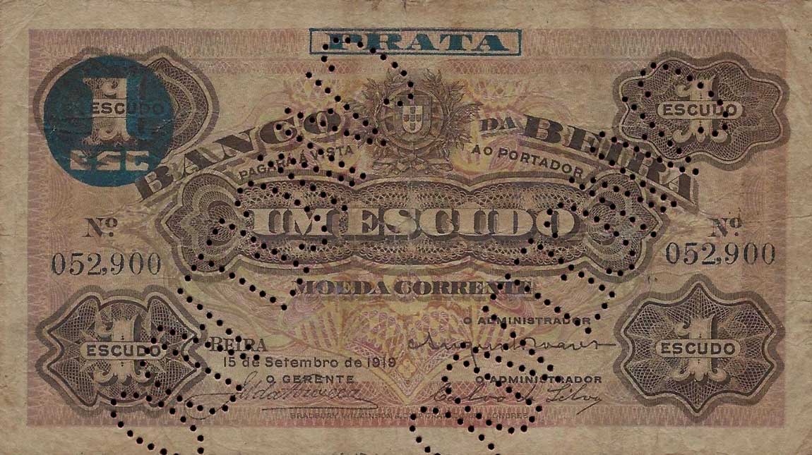 Front of Mozambique pR11A: 1 Escudo from 1919