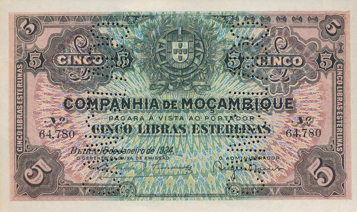 Front of Mozambique pR32a: 5 Libras from 1934