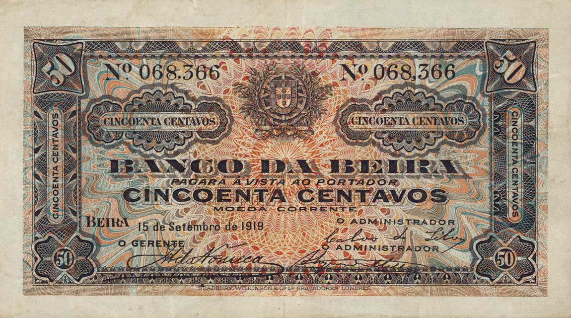 Front of Mozambique pR3b: 50 Centavos from 1919