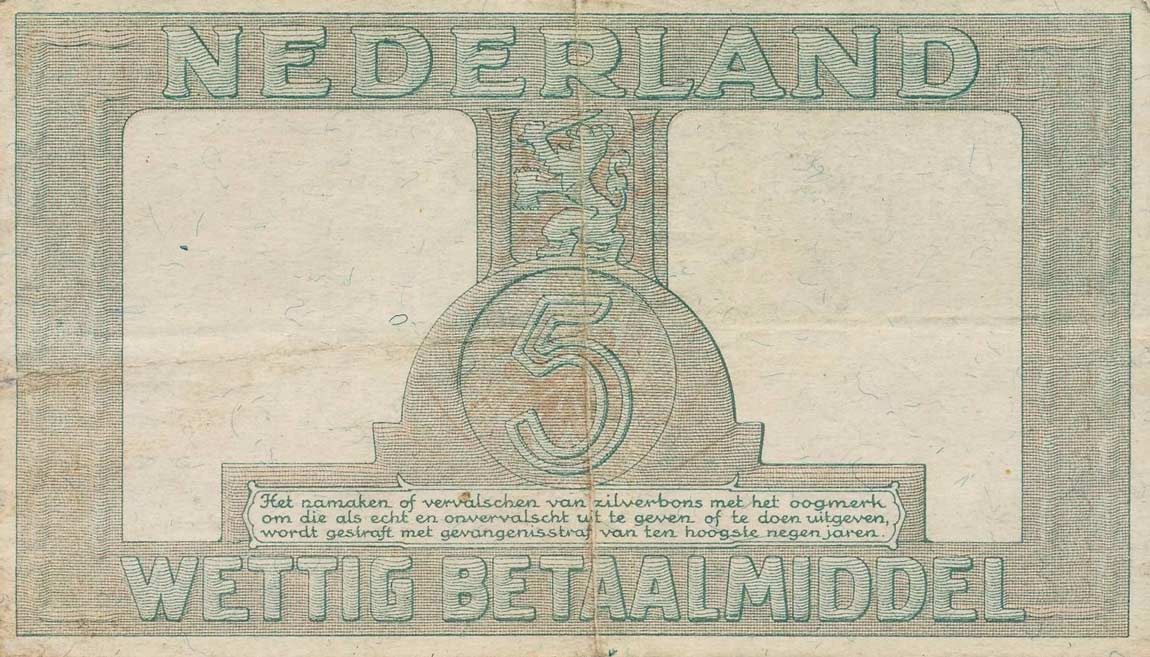Back of Netherlands p63: 5 Gulden from 1944