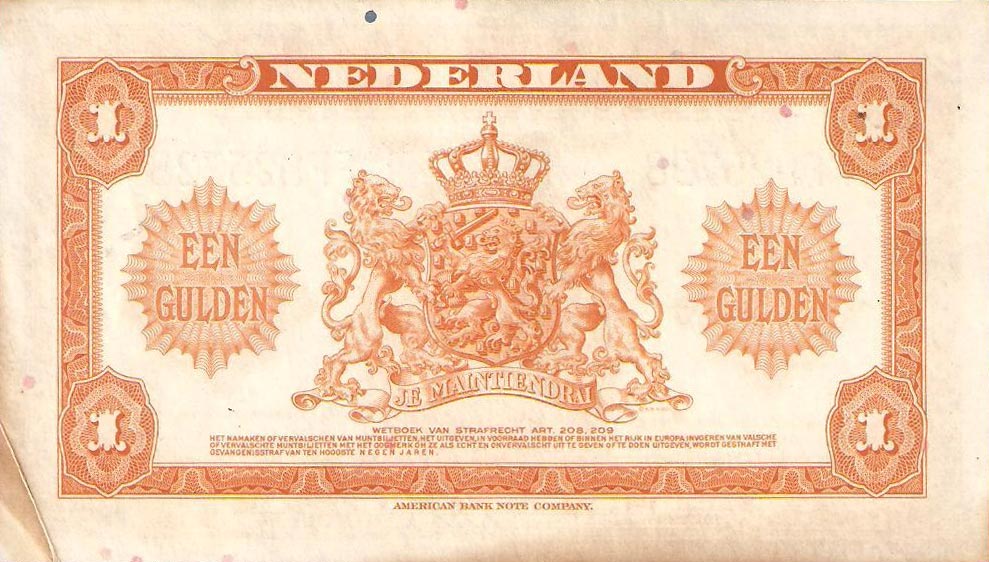 Back of Netherlands p64a: 1 Gulden from 1943
