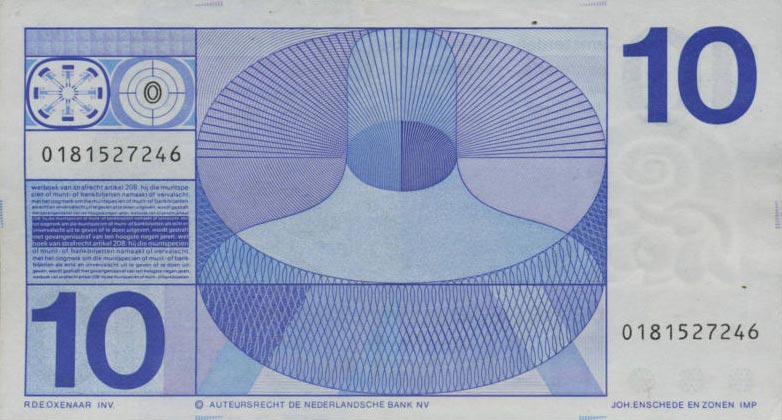 Back of Netherlands p91a: 10 Gulden from 1968