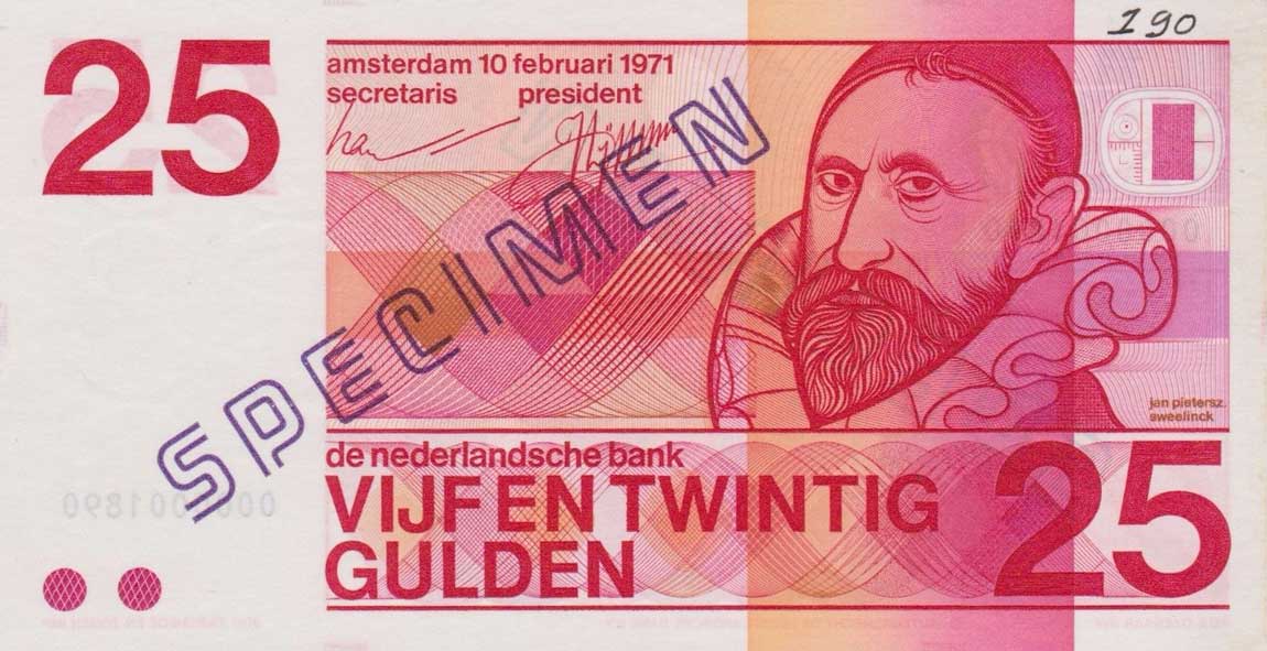 Front of Netherlands p92s: 25 Gulden from 1971