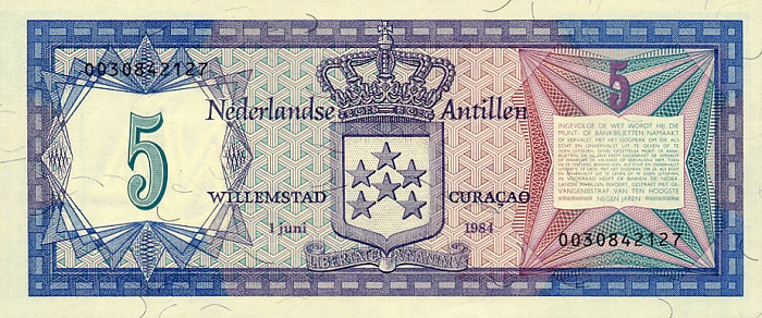 Back of Netherlands Antilles p15b: 5 Gulden from 1984