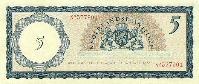 Back of Netherlands Antilles p1a: 5 Gulden from 1962