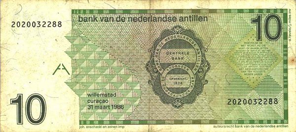 Back of Netherlands Antilles p23a: 10 Gulden from 1986