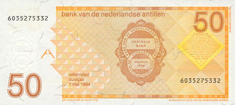 Back of Netherlands Antilles p25c: 50 Gulden from 1994