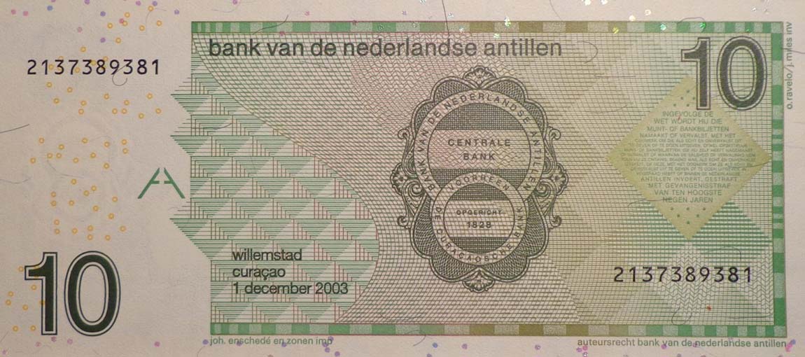 Back of Netherlands Antilles p28c: 10 Gulden from 2003