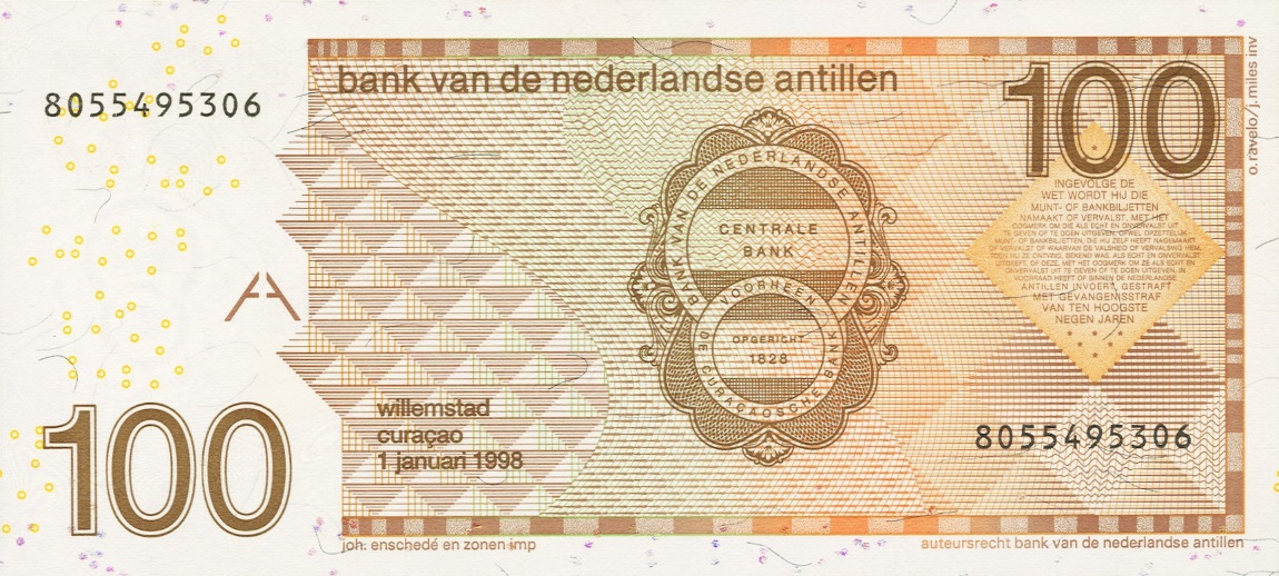 Back of Netherlands Antilles p31a: 100 Gulden from 1998