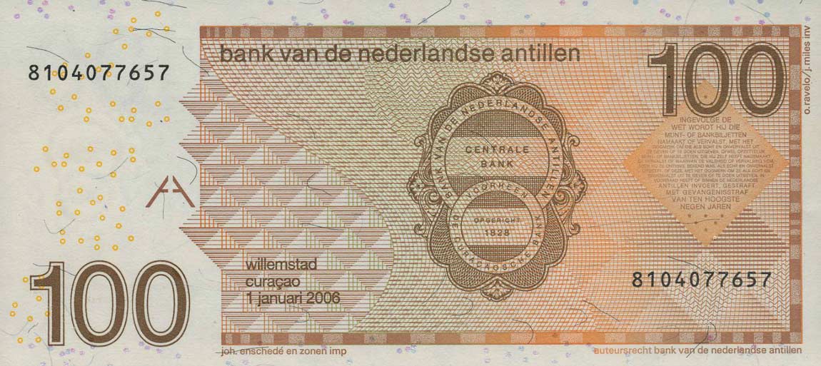 Back of Netherlands Antilles p31d: 100 Gulden from 2006