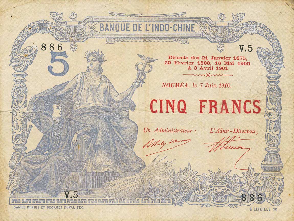 Front of New Caledonia p15a: 5 Francs from 1916