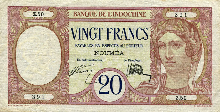 Front of New Caledonia p37a: 20 Francs from 1929