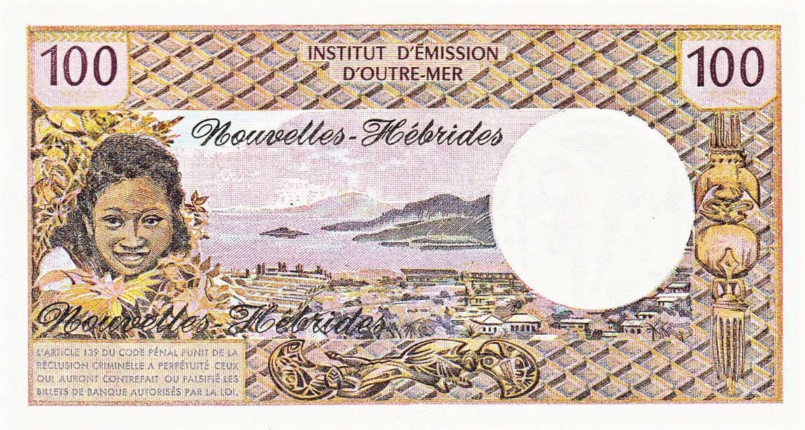 Back of New Hebrides p18b: 100 Francs from 1972