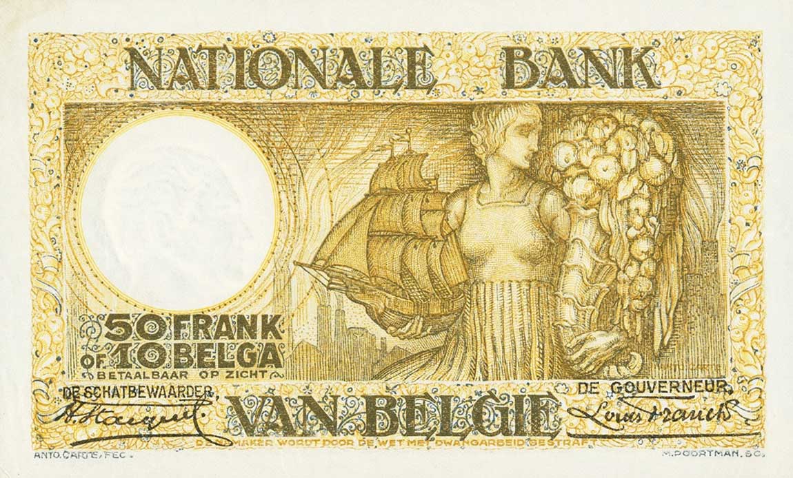 Back of Belgium p100: 50 Francs from 1927