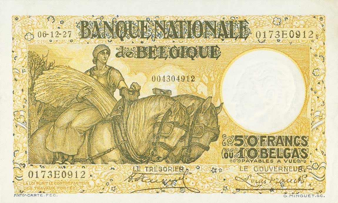 Front of Belgium p100: 50 Francs from 1927