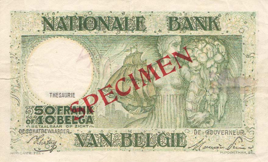 Back of Belgium p101s: 50 Francs from 1928